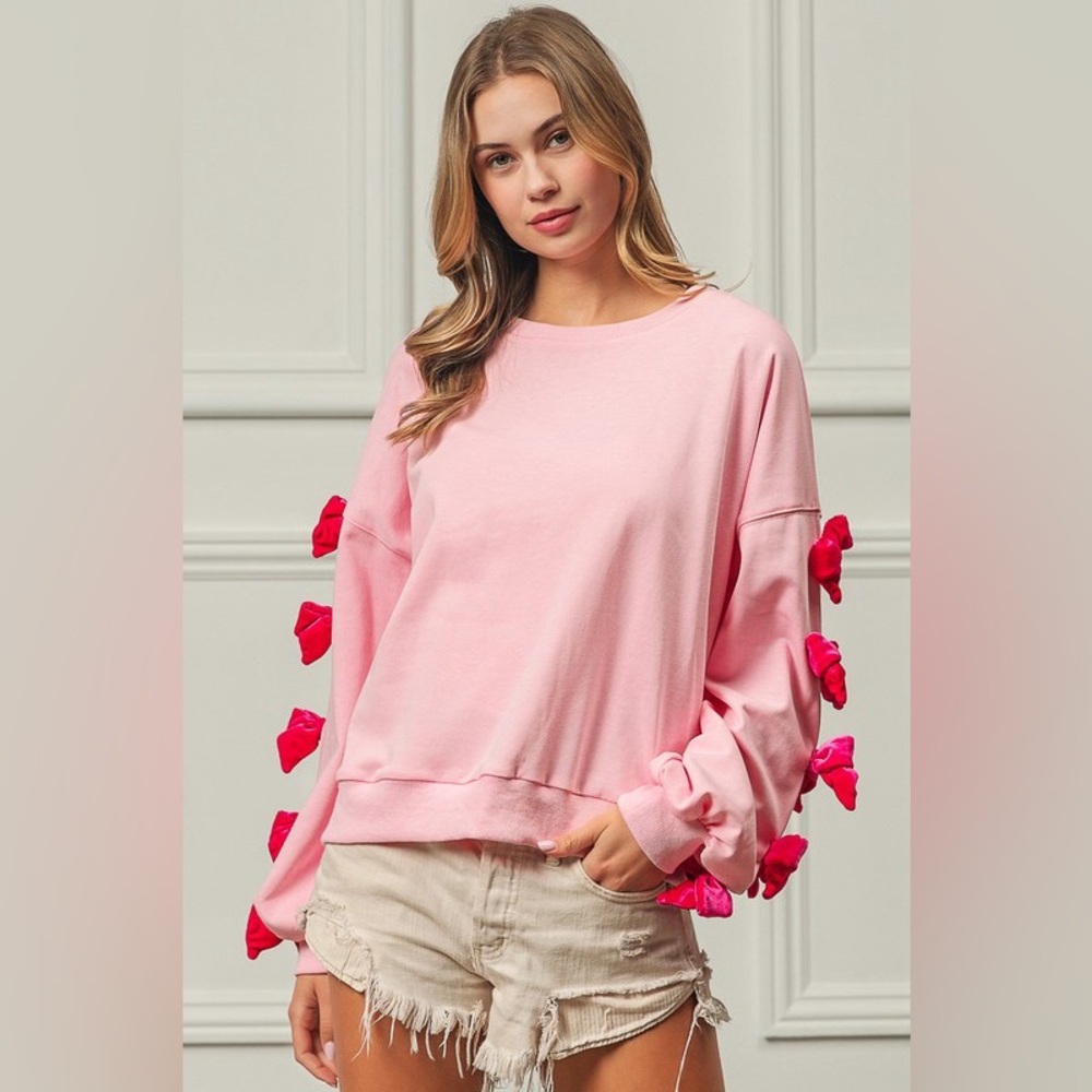 🔥SOLD OUT - BiBi Velvet Ribbon Bows Long Sleeve Round Neck Sweatshirt